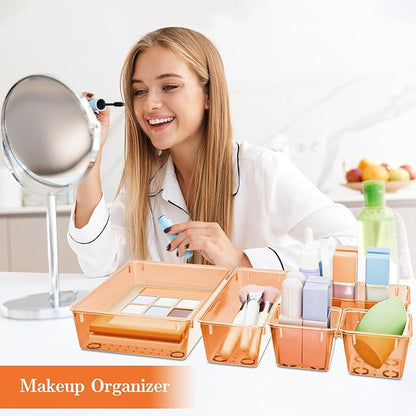 SpaceHacks 25 PCS Plastic Drawer Organizer Set, 4-Size Versatile Organizer Trays & Storage Bins for Makeup, Jewelry, and Gadgets in Bathroom, Bedroom and Office,Orange