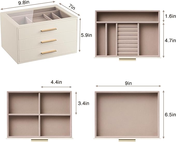 pickpiff Jewelry Box Organizer Case for Women: 3-Layer Jewelry Storage Case with Glass Window, Ivory Leather with Pink Velvet, Holder for Ring Necklace Bracelet Brooch Watch, Great Gift for Her