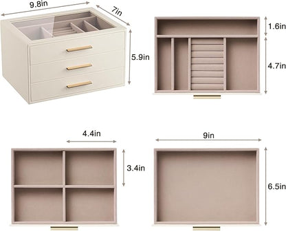 pickpiff Jewelry Box Organizer Case for Women: 3-Layer Jewelry Storage Case with Glass Window, Ivory Leather with Pink Velvet, Holder for Ring Necklace Bracelet Brooch Watch, Great Gift for Her