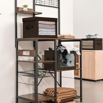 Homsorout Stackable Storage Bins with Lids - Medium Storage Box with Lids, Foldable Closet Boxes for Organizing, Wardrobe Clothes Organizer with Window, Cubes Bins for Living Room, 5 Pack, Brown