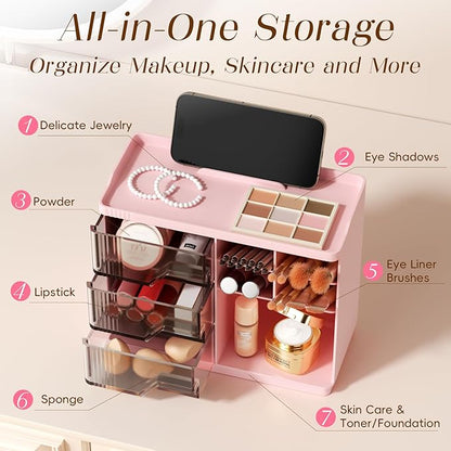 Small Makeup Organizer with Drawers, Stackable Bathroom Couneter Organizer with Phone Holder, Versatile Vanity Organizer Countertop, Cosmetic Organizer for Makeup Brush, Skin Care, Lotion -Pink,2Pack