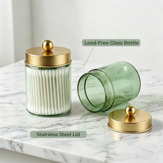 Amolliar 4 Pack Apothecary Jars Bathroom Vanity Storage Organizer Set -Countertop Canister with Stainless Steel Lids &Stickers Qtip Dispenser Holder for Cotton Swab (Green-golden Lid)