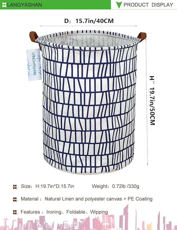 Laundry Basket Canvas Fabric Collapsible Organizer Basket for Storage Bin Toy Bins Gift Baskets Bedroom Clothes Children Nursery Hamper (Blue Stripes)