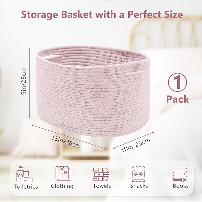 ECDYQXVU Cotton Rope Storage Basket, 15x10x9 Inches, Woven Basket for Shelves, Clothes, Towels, Books, and Laundry, Light Pink (1 Pack)