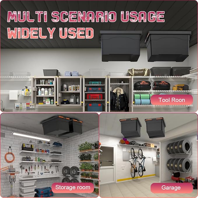 Overhead Garage Storage Rack, Adjustable Ceiling Mounted Garage Organizer, Heavy Duty Metal Overhead Shelf support up to 2 Bin,Space Saver Storage System for Home, Basement – Black