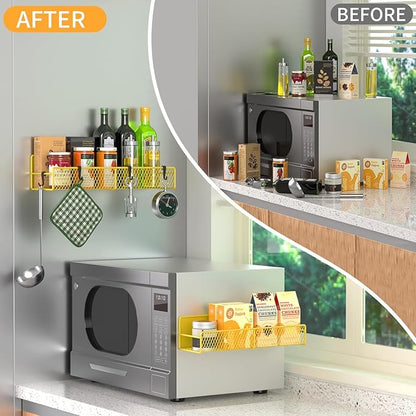 Magnetic Spice Rack for Refrigerator, 2 Pack 100% Metal Strong Magnet Shelf, Space Saving Spice Organizer W/ Hooks, Movable Magnetic Fridge Shelf, Kitchen Home Laundry Room Storage Organization,Yellow