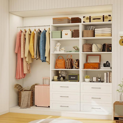 Closet System with 3 Drawers & 4 Shelves, Wood Closet Organizer System with 1 Extra Hanging Rod for Walk in Closet, Modular Closet Organizer System White(2FT)