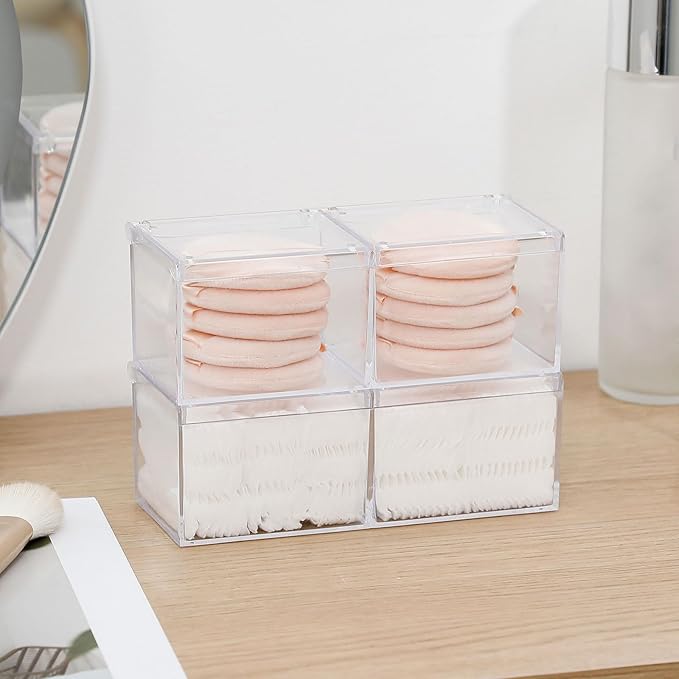 3 Pack Bathroom Canister with Divider, Plastic Vanity Drawer Storage Jars with Lid for Cotton Balls, Makeup Pads, Hair Ties, Clear Desk Drawer Container for Home Office Supplies