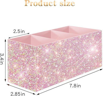 Bling Makeup Brush Holder Organizer, 3 Slot Sparkle Cosmetics Brushes Storage Holders with Shiny Rhinestones, Glitter Cute Pen and Pencil Holder for Desk, Eyeliners Display Case for Vanity（Pink）