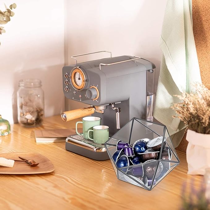 ELLDOO Black Glass Coffee Pods Holder, 15 Sided Geometric Box Coffee Pod Organizer for K Cup Espresso, Tea Bags Sugar Packets Storage Holder for Kitchen Coffee Bar Office Counter