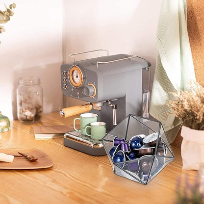 ELLDOO Black Glass Coffee Pods Holder, 15 Sided Geometric Box Coffee Pod Organizer for K Cup Espresso, Tea Bags Sugar Packets Storage Holder for Kitchen Coffee Bar Office Counter