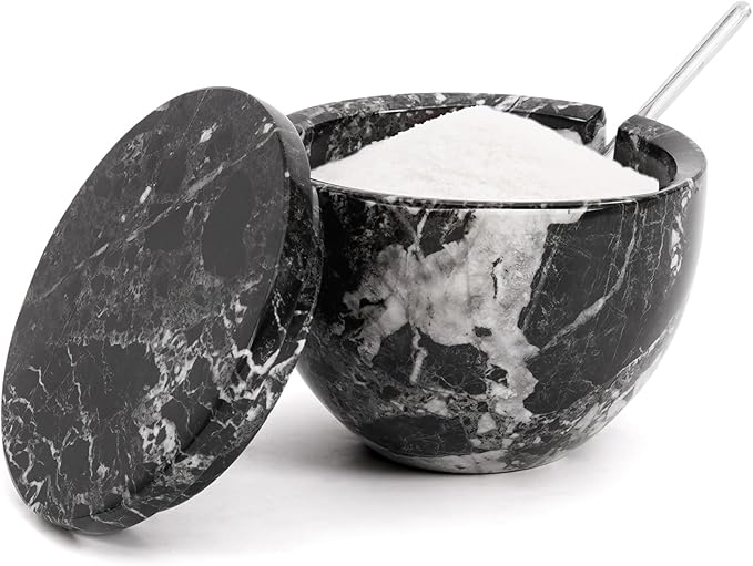 MARBLOUS KRAFTS Marble Salt Cellar with Lid and Spoon Black Zebra 3 x 4 Spice Container for Kitchen Countertop, 4.7 oz, Sugar Candy Bowl, Seasonings, and Kosher Salt, Perfect Mother’s Day Gift for Mom