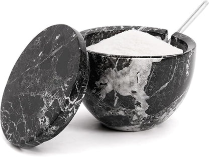 MARBLOUS KRAFTS Marble Salt Cellar with Lid and Spoon Black Zebra 3 x 4 Spice Container for Kitchen Countertop, 4.7 oz, Sugar Candy Bowl, Seasonings, and Kosher Salt, Perfect Mother’s Day Gift for Mom