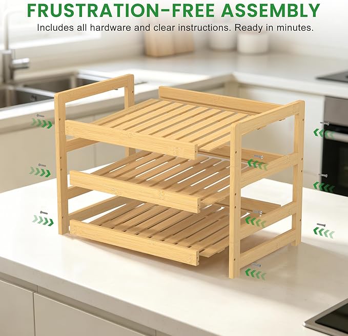 Bamboo Rolling Can Organizer for Pantry, Stackable 3 Tier Canned Food Storage Rack for Kitchen Can Storage Organizer Set with Can Opener & Hooks for Cabinet & Countertop, Holds up to 36 Cans