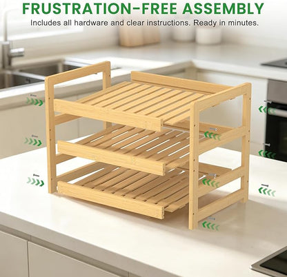 Bamboo Rolling Can Organizer for Pantry, Stackable 3 Tier Canned Food Storage Rack for Kitchen Can Storage Organizer Set with Can Opener & Hooks for Cabinet & Countertop, Holds up to 36 Cans