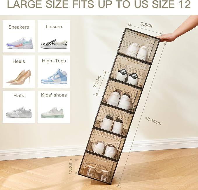 6PCS Magnetic Door Transparent Shoe Box, Stackable Space-Saving Organizer for Bedroom/Bathroom/Closet/Entryway