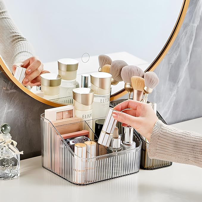 Clear Makeup Brush Holder & Organizer for Vanity, Bathroom Countertop - 5 Cup Toiletry Organizer, Storage & Display for Skincare, Perfume, Hairbrush, Sunglasses & Desk Accessories