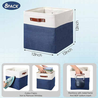 Uiifan 8 Pack 12 x 12 x 12 Inch Large Storage Baskets Collapsible Fabric Storage Cubes Bins with Handles for Shelves Closets Nursery Home Clothes Toys Organizers, Blue