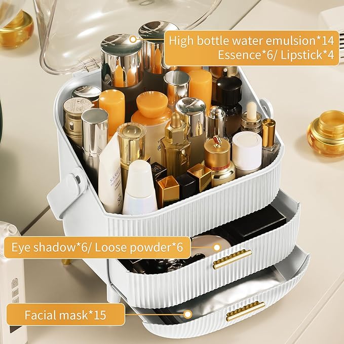 CANITORON Makeup Organizer,Skincare Organizer with 2 Drawers and Brush Storage Box,Cosmetic Display Case for Vanity Organizer and Bathroom Countertop Storage.(White)