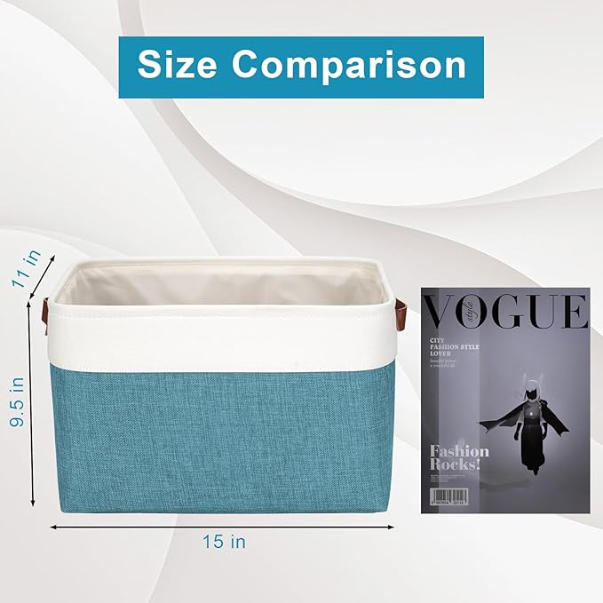 Bagnizer Storage Bins Large Fabric Storage Baskets for Shelves 3 Pack, Decorative Linen Closet Baskets with Handles for Organizing, Shelf, Clothes, Home, Office, 15x11x9.5Inches (Teal&White)