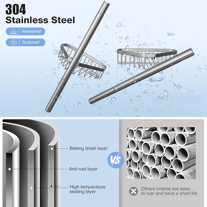 ESSEME Corner Shower Caddy Tension Pole: Adjustable Rustproof 4-Tier Inside Bathroom Organizer - 47-121 inch Quick Installation Bathtub Shelves for Shampoo Storage - Rod Floor Standing Bath Rack