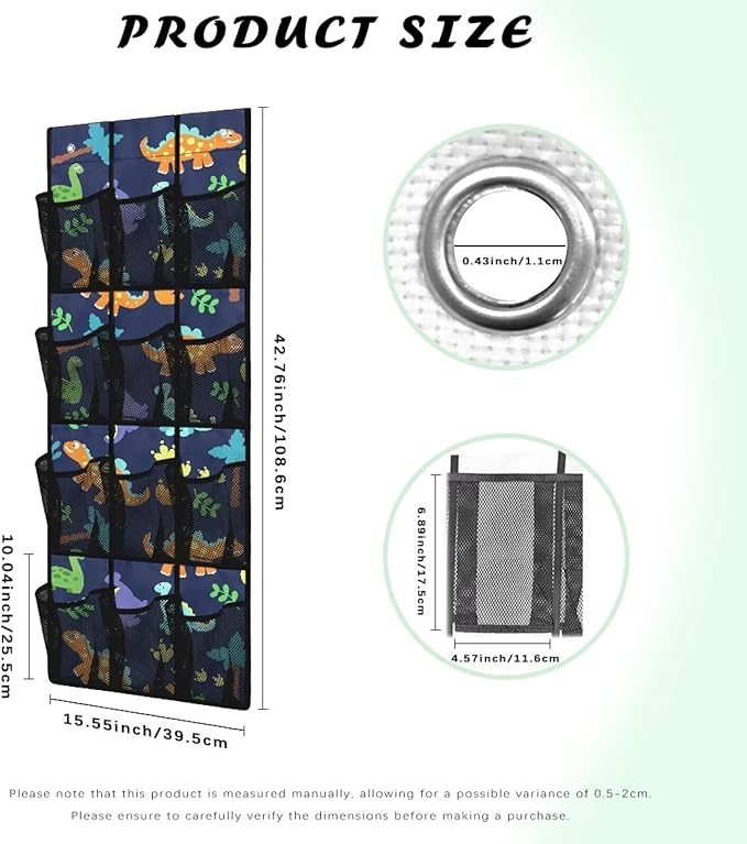Over the Door Organizer with 12 Mesh Pockets, Space Saving Hanging Storage for Bedroom, Bathroom, Pantry, Clear View Window & Reinforced Mesh Pockets,Dinosaur