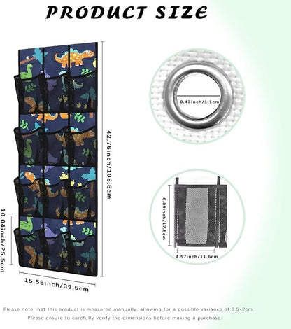 Over the Door Organizer with 12 Mesh Pockets, Space Saving Hanging Storage for Bedroom, Bathroom, Pantry, Clear View Window & Reinforced Mesh Pockets,Dinosaur