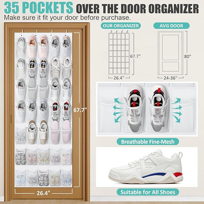 Tiblue Over The Door Shoe Organizer 35 Mesh Pockets Hanging Shoe Organizer Shoe Rack For Door Closet Entryway Bedroom Pantry Organizer - Shoe Holder Hanger For Sneakers, Women High Heeled Shoes White