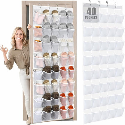 Windyun 40 Over the Door Shoe Organizer Large Breathable Mesh Pocket Clear White Hanging Shoe Rack for Closet Behind Door Hanger Storage Holder Nonslip Hook for Women Men Entryway Bedroom Utility Room