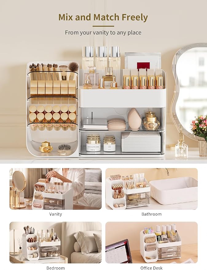 Booklov Makeup Organizer for Vanity, Countertop Cosmetic Display Case with Clear Acrylic Drawers, Bathroom Counter Beauty Caddy, Cute Table Storage Holder for Skincare, Brush Lipsticks, Crystal White