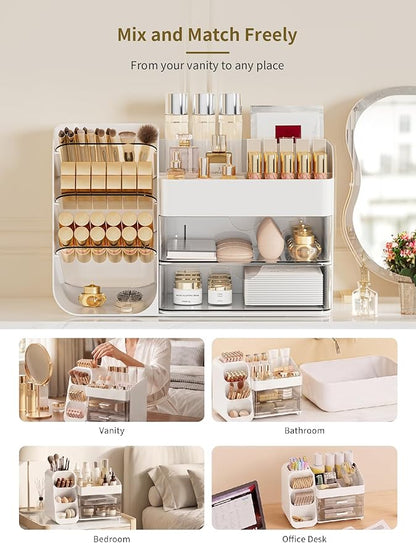 Booklov Makeup Organizer for Vanity, Countertop Cosmetic Display Case with Clear Acrylic Drawers, Bathroom Counter Beauty Caddy, Cute Table Storage Holder for Skincare, Brush Lipsticks, Crystal White