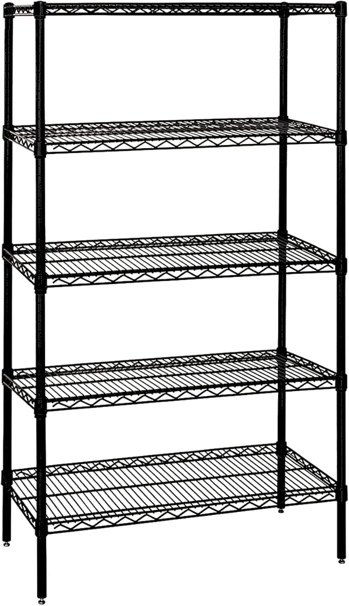 Quantum Storage Systems WR63-1460BK-5 Wire Shelving Starter Kit, 60" W x 14" D x 63" H, 600 lbs Capacity, Carbon Steel, Epoxy Coated, Black, NSF
