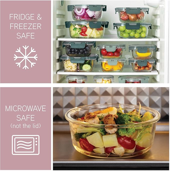 COOK WITH COLOR Premium 32-Pc. Borosilicate Glass Food Container Set with Dividers - 4 Rectangles, 8 Rounds, 4 Squares - Leakproof Lids - Meal Prep, Storage, Pink