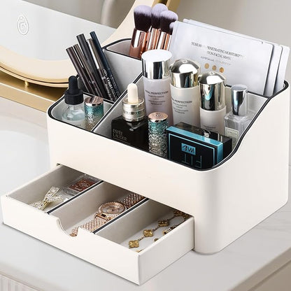 KINGFOM PU Leather Makeup Organizer with Drawer, Skincare Organizer for Vanity, Cosmetic Storage for Dresser Countertop, Beauty Holder for Lipstick Brush Skincare (Ivory White)