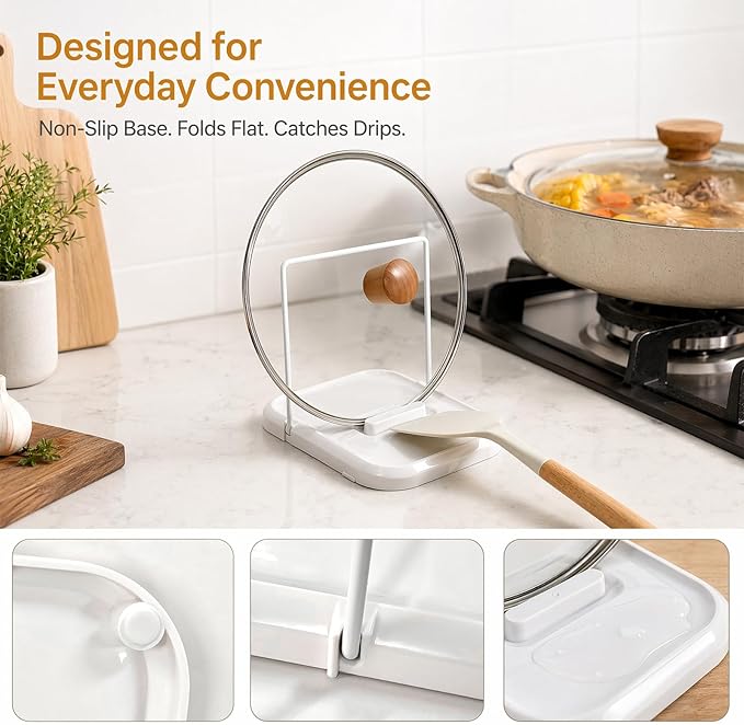 Pot Lid Holder with Spoon Rest for Stove Top and Kitchen Counter, Foldable Pot Lid Organizer with Non-Slip Pads for Lids, Spoons and Spatulas, White