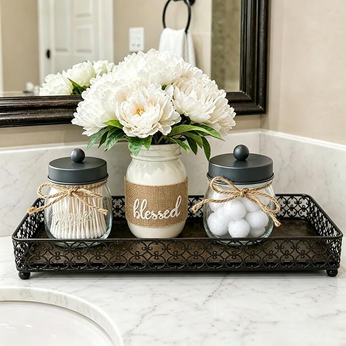 SheeChung 2 Pack Qtip Holder, Bathroom Jars, Cotton Swab Holders, Cute Mason Jars Bathroom Shelf Decor for Cotton Balls, Floss Picks - Vintage Gray