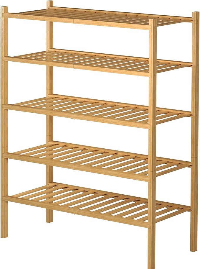 ROMGUAR CRAFT 5 Tier Bamboo Shoe Rack for Closet Free Standing Wood Shoe Shelf for Entryway Small Space Stackable 27"x11"x33" (Natural)