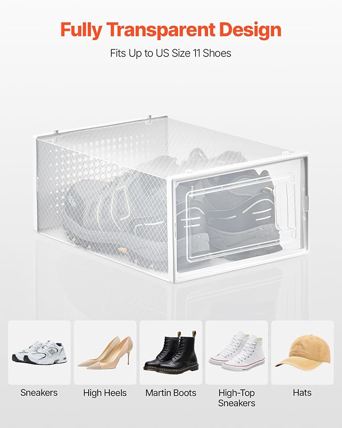 VEVOR Shoe Storage Boxes, 12 Pack Stackable Shoe Boxes Storage Organizers, Fit up to US Size 11, Plastic Modular Space Saving Sneaker Containers for Storing High Heels, Boots, and Hats, White Frame
