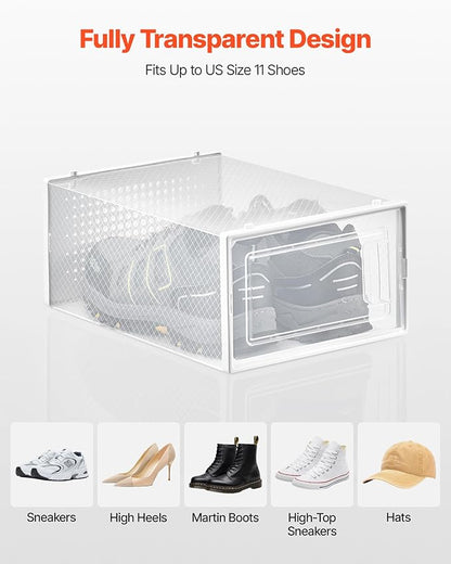 VEVOR Shoe Storage Boxes, 12 Pack Stackable Shoe Boxes Storage Organizers, Fit up to US Size 11, Plastic Modular Space Saving Sneaker Containers for Storing High Heels, Boots, and Hats, White Frame