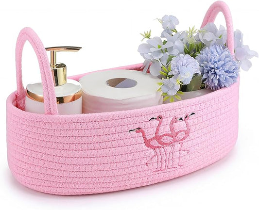 Vesici Pink Flamingo Woven Storage Basket for Toilet Tank Top Boho Cotton Rope Bathroom Countertop Organizer Basket with Handle Pink Bathroom Decor for Bedroom Nursery Toys Organizing, 13 x 6 x 4 Inch