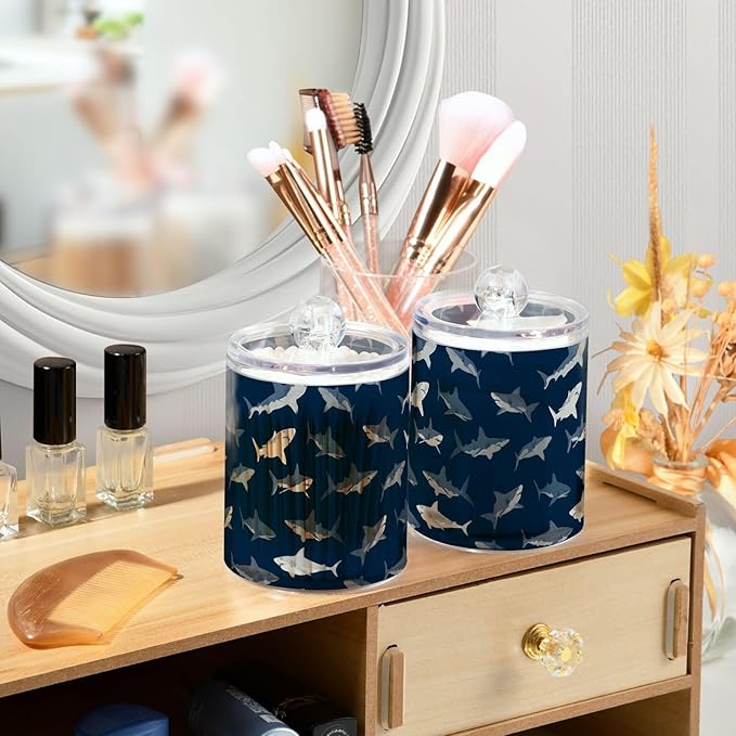 ALAZA 4pcs Dark Blue Shark Fish Qtip Holder Dispenser 14 oz Bathroom Storage Clear Apothecary Jars Containers Cotton Ball,Cotton Rounds,Floss Picks, Hair Clips, Food
