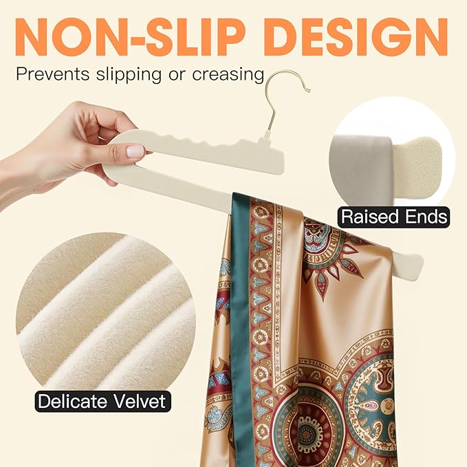Flottian 20 Pack Velvet Pants Hangers - Open Ended Non-Slip Heavy Duty Closet Organizers with 360° Swivel Hook, Space-Saving Felt Hangers for Pants, Jeans, Dresses & Towels, Beige