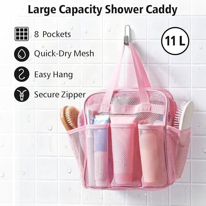F-color Mesh Shower Caddy Portable with Zipper - Upgrade Deeper 7 Pockets Dorm Room Essentials for Guys Girls with S Hook, Shower Bag Basket Tote for College Camping Toiletry Bathroom, Pink
