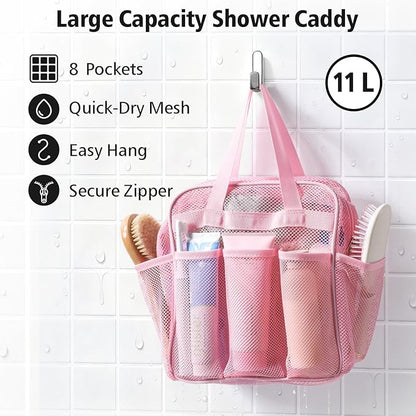 F-color Mesh Shower Caddy Portable with Zipper - Upgrade Deeper 7 Pockets Dorm Room Essentials for Guys Girls with S Hook, Shower Bag Basket Tote for College Camping Toiletry Bathroom, Pink