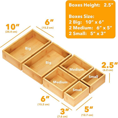 SpaceAid 6 Pcs Bamboo Drawer Organizer Storage Box Set, Multi-Use Drawer Organizer Bin for Kitchen, Bathroom, Office Desk and Makeup (6 Boxes)