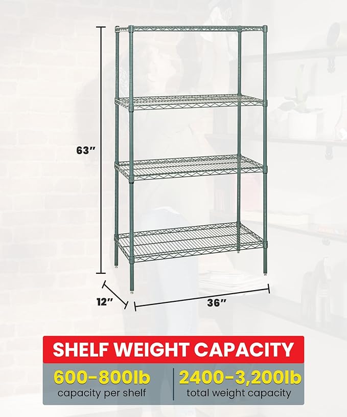 QUANTUM STORAGE SYSTEMS WR63-1236P Starter Kit Wire Shelves Green Epoxy 4 Shelves 63" H x 36" W x 12" D