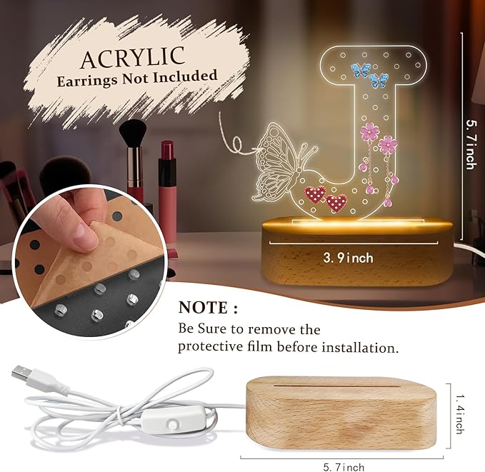 COSHAYSOO Initial Acrylic Earring Holder Organizer for Women Teen Girls with Butterfly Decorations LED Night Light Personalized Trendy Gifts for 14 16 18 21 25 30 Birthday Jewelry Stand Letter J