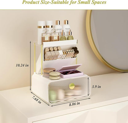 FOLLOWIN Bathroom Counter Organizer with Drawer, Dresser Top Organizer with Make Up Brush Holder, Makeup Shelf, Vanity Organizers, Cosmetic Perfume Organizer, Clear