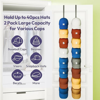 SWTYMIKI Over Door Hat Organizer - 2 Packs Metal Wall Mounted Hat Rack with 16 Hooks Design, Hanging Baseball Cap Organizer Storage Holds up to 32 Caps for Door, Bedroom, Closet