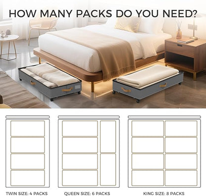 Under Bed Storage with Wheels 4-Pack, 75L XXL Under the Bed Storage Containers Large, 12" Tall Adjustable Storage for Underbed with Lids, Rolling for Shoes, Clothes, Blankets (4PCS-Grey)